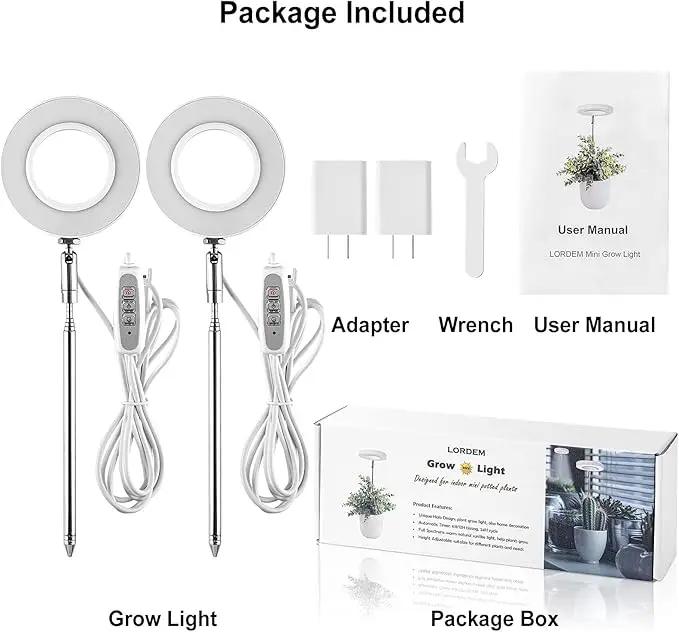LORDEM Grow Light, Full Spectrum LED Plant Light for Indoor Plants, Height Adjustable Growing Lamp with Auto On/Off Timer 4/8/12H, 4 Dimmable Brightness, Ideal for Small Plants, 2 Packs by GreenHaven Gardens