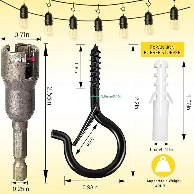 Hooks for Outdoor String Lights, Ceiling Screw Hooks with Safety Buckle Design for Hanging Plants Christmas Lights Party Led Wind Chimes, Black Q Hanger with Wing Nut Driver, 30 Pack by GreenHaven Gardens