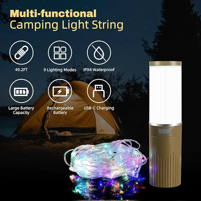 Camping Lantern with 49.2FT String, 2 in 1 Outdoor RGB String Lights with 4 Modes & 5 Modes Rechargeable Camping Lamp IPX4 Waterproof Portable LED Tent Light for Outdoor Yard Garden Decoration by GreenHaven Gardens