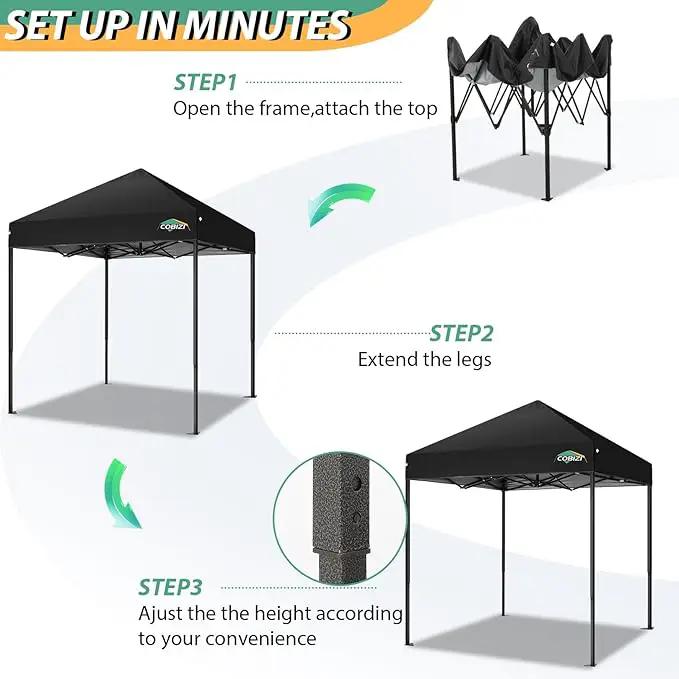COBIZI 6.6x6.6ft Pop Up Canopy Tent, Heavy Duty Canopy Easy Set up All Weather Waterproof Outdoor Canopy Tent for Parties, Beach, Garden, Camping with 1 Handbag, 3 Adjustable Heights, UPF50+, Black by GreenHaven Gardens