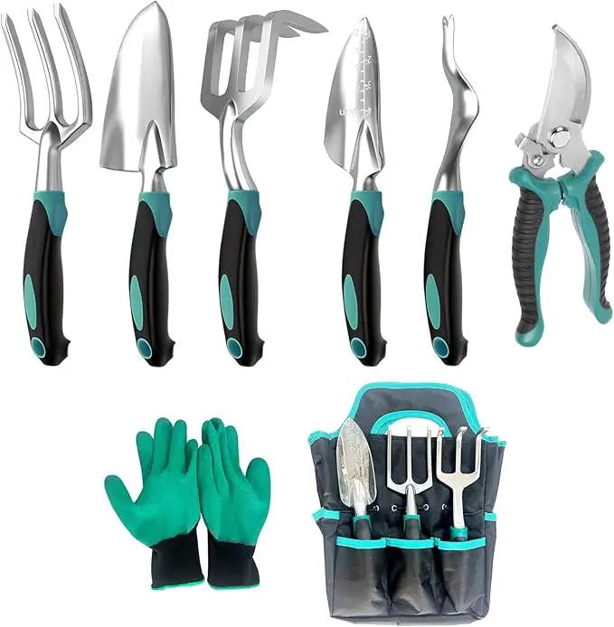 Gardening Tool, Heavy Duty Gardening Hand Tools for Gardener, Gardening Gifts for Women, Men, Heavy Duty Gardening Tools with Storage Tote Bag Non-Slip Rubber Grip, Aluminum Green Gardening Tool Set by GreenHaven Gardens