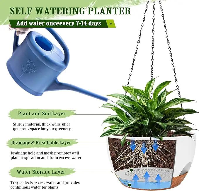 Hanging Planters for Outdoor Indoor Plants, 2 Pack 12 Inch Hanging Basket Plants Outdoor, Self Watering Hanging Planter with Plant Hanger for Garden Home Decoration (White) by GreenHaven Gardens