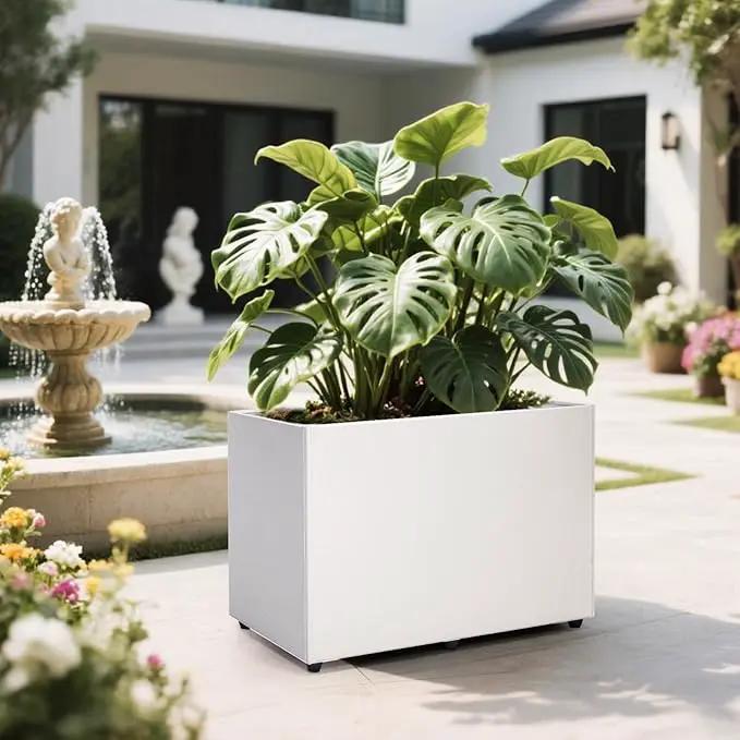 Planter Box Rectangular Block - 24×16×12IN Galvanized Steel Metal Long Box Planter Easy Installation Modern Outdoor Tall Planters All-Weather Use with Drainage Holes for Patio/Porch(White) by GreenHaven Gardens