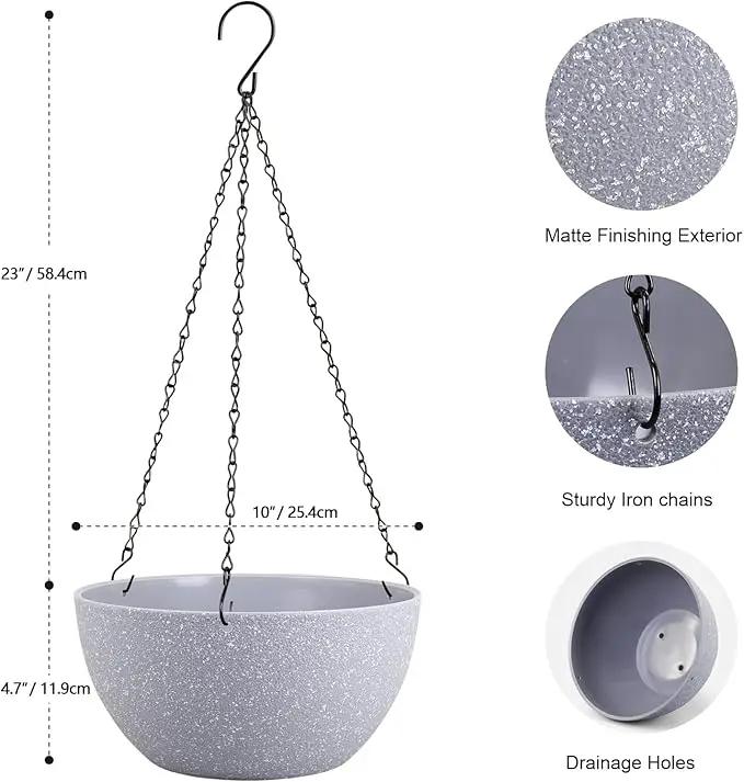 10 inch Hanging Planters for Indoor Outdoor Plants, 2 Pack Hanging Flower Pots with Drainage Holes and Chain for Garden Porch, Plastic Hanging Baskets for House Plants, Speckled Grey by GreenHaven Gardens