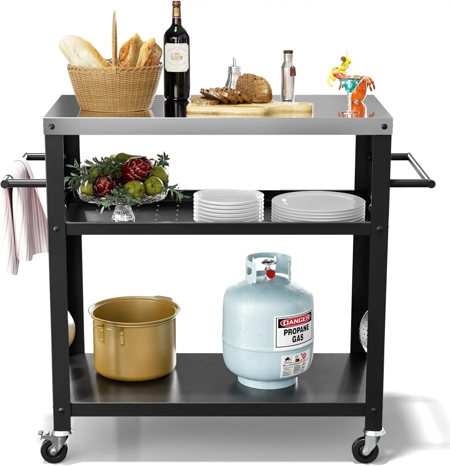 Outdoor Grill Cart with Three-Shelf, Stainless Steel Pizza Oven Table for Outside, Dining Kitchen Cart with Two Side Handle, Garden Patio BBQ Kitchen Food Prep Table Cart (Black) by GreenHaven Gardens
