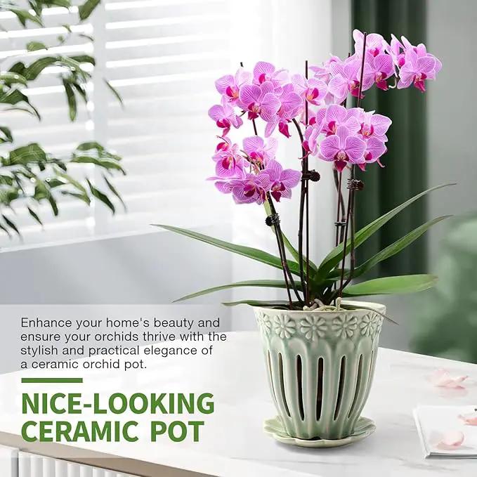 5" Ceramic Orchid Pots with Holes | Crackle Glazed Orchid Pot with Drainage and Separate Saucer | Ideal Plant Pot for Repotting Orchids and Other Flowers(Green)