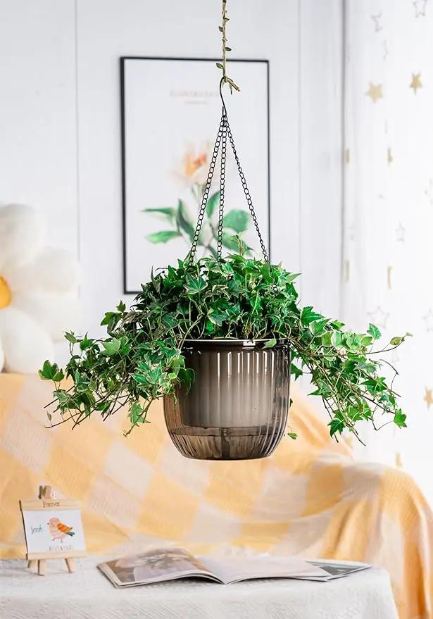Melphoe 1 Pack Self Watering Hanging Planters Indoor Flower Pots, 8.3 Inch Outdoor Hanging Plant Pot Basket, Plant Hanger with 3Hooks Drainage Holes for Garden Home by GreenHaven Gardens