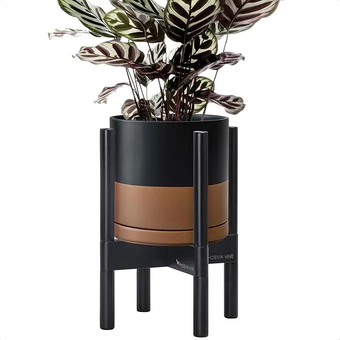 D'vine Dev Ceramic Planter with Ebony Stand - 8 Inch Modern Round Flower Pot with Wood Planter Holder, Black/Speckled Tan, 55-B-M-7 by GreenHaven Gardens