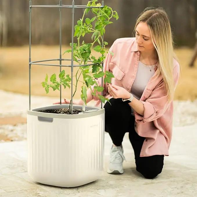 Vego garden Planters for Outdoor & Indoor Plants, Large Plant Pots with Self Watering, 15" Tall Large Plant Pots with Trellis for Flowers Plants Decor, Cream White by GreenHaven Gardens