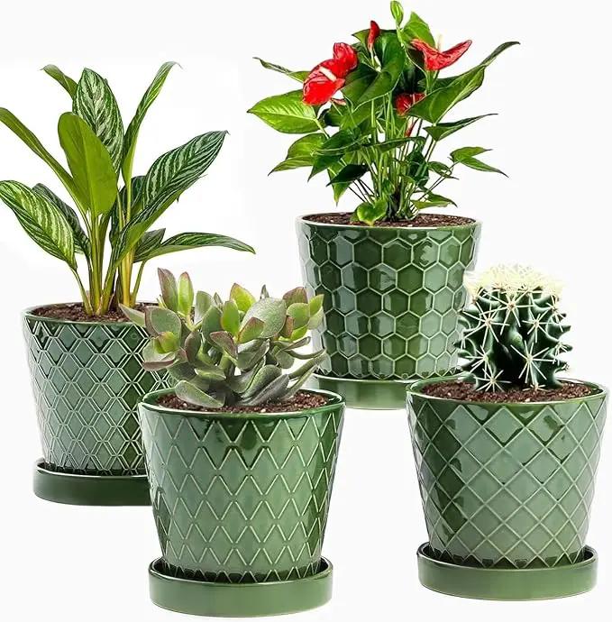 EFISPSS Flower Planter –5 inch Ceramic Plant Pots with Drainage Hole and Ceramic Tray - Gardening Home Desktop Office Windowsill Decoration Gift Set of 4 - Plants NOT Included by GreenHaven Gardens