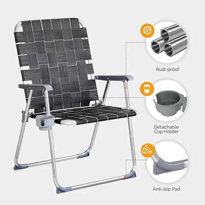 VINGLI Aluminum Oversize Patio Lawn Chairs Folding Set of 2 with Detachable Cup Holder, Webbed Beach Chair Folding Chair Outdoor Portable Camping Chair for Yard, Garden by GreenHaven Gardens