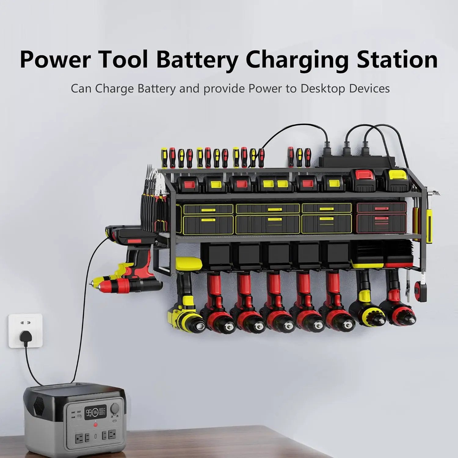 Power Tool Organizer Wall Mount with Charging Station, 3 Layer Storage Rack and Tool Holder for Garage Organization, 8 Drill Holder Wall Mount and 6 Outlet Power Strip by GreenHaven Gardens