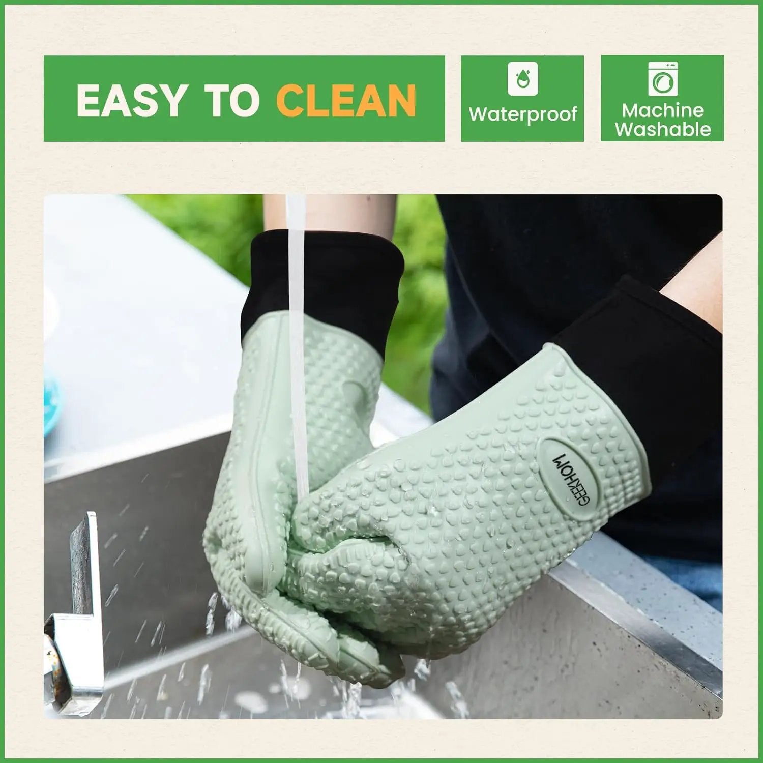 GEEKHOM BBQ Gloves Heat Resistant Oven Mitts - Silicone Grilling Gloves with 13.7" Arm Protection - Waterproof Pot Holder Non-Slip for Men & Women, Kitchen Outdoor Cooking, Baking, Camping, Mint Green by GreenHaven Gardens