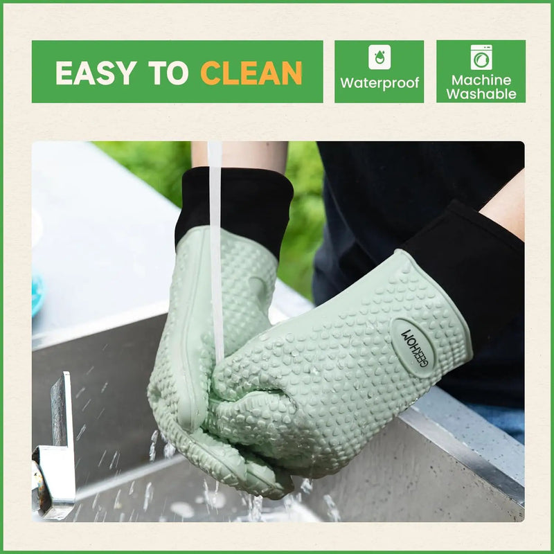 GEEKHOM BBQ Gloves Heat Resistant Oven Mitts - Silicone Grilling Gloves with 14" Long Arm Protection - Waterproof Pot Holder Non-Slip for Men & Women, Kitchen Cooking, Baking, Camping, Mint Green by GreenHaven Gardens