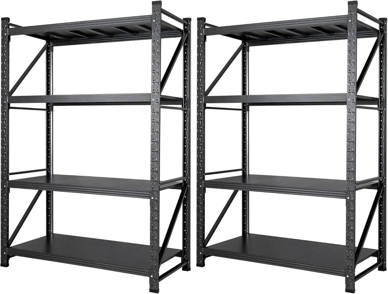 Set of 2 Storage Shelves, 4 Tier Heavy Duty Garage Shelving Units, 48” Wide Rack Shelf, 3000LBS Steel Industrial Shelving, 24” Deep Adjustable Standing Shelf for Warehouse 24" D x 48" W x 70" H Black by GreenHaven Gardens