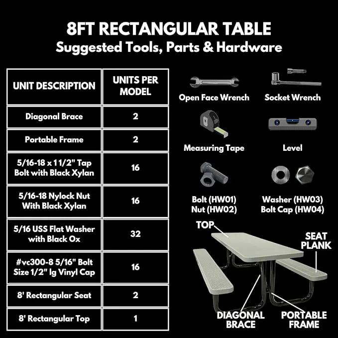 Coated Outdoor Furniture Heavy-Duty Portable Outdoor Picnic Table, Thermoplastic Coated Punched Steel Commercial-Grade Patio Dining Furniture Made in America (8ft Rectangular, Textured Grey) by GreenHaven Gardens