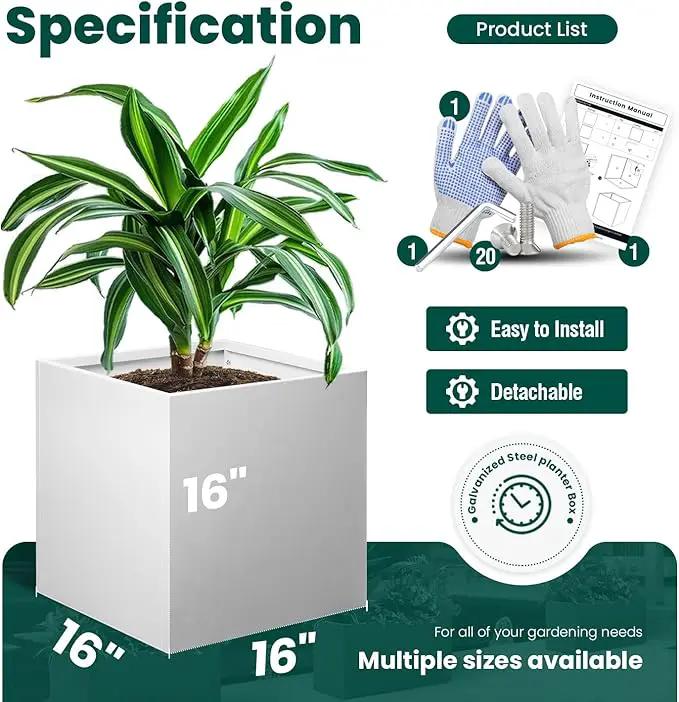 White Steel Planter Square Outdoor Planters Galvanized Steel Planter Box Indoor Metal Large Planters Cube Heavy Duty Flower Pot 16 Inch Modern Commercial Residential for Trees Patio Deck Yard Garden by GreenHaven Gardens