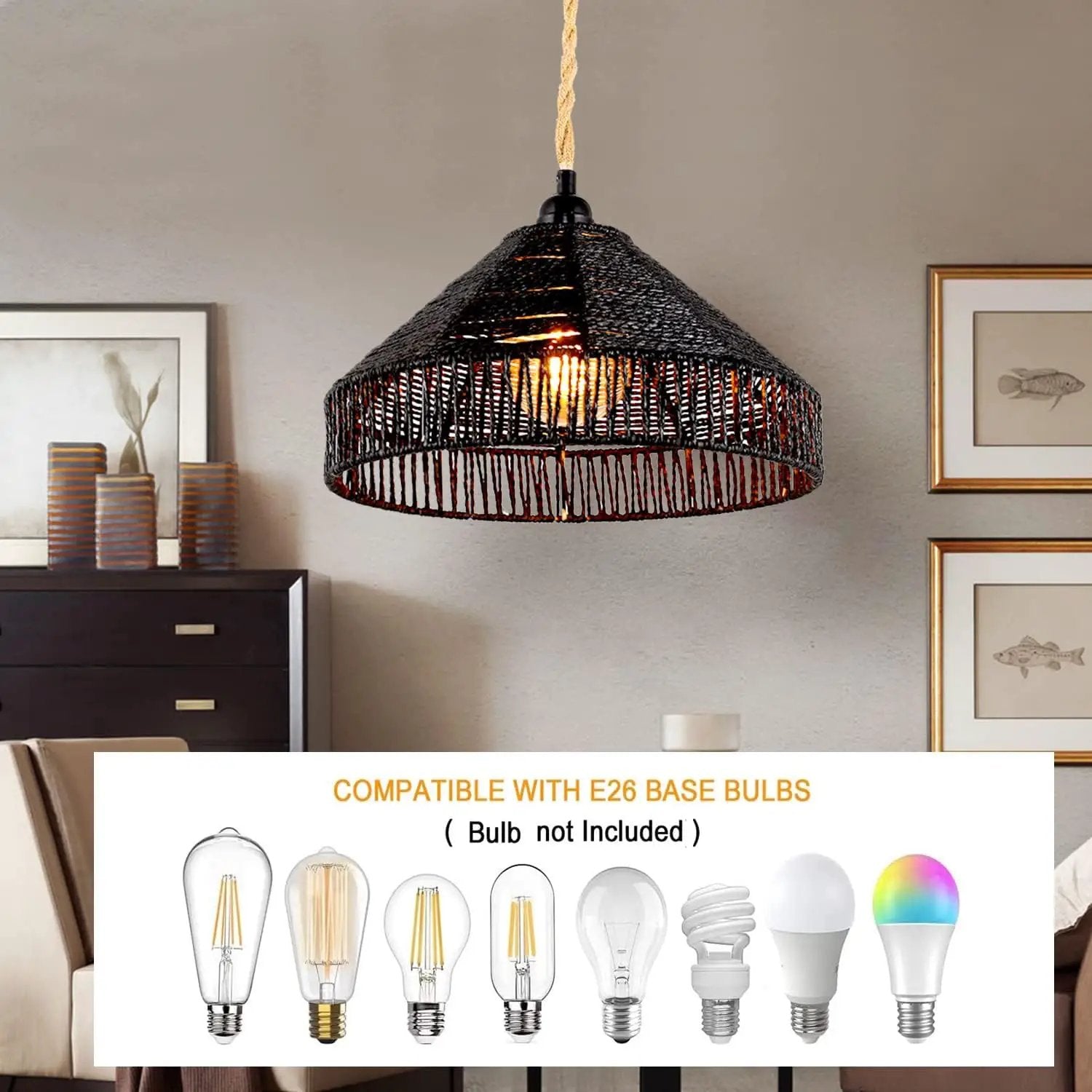 Plug in Pendant Light Rattan Hanging Lamp with On/Off Switch 15 Ft Hemp Rope Modern Woven Pendant Light Fixtures 12" Handwoven Rattan Basket Shade Boho by GreenHaven Gardens