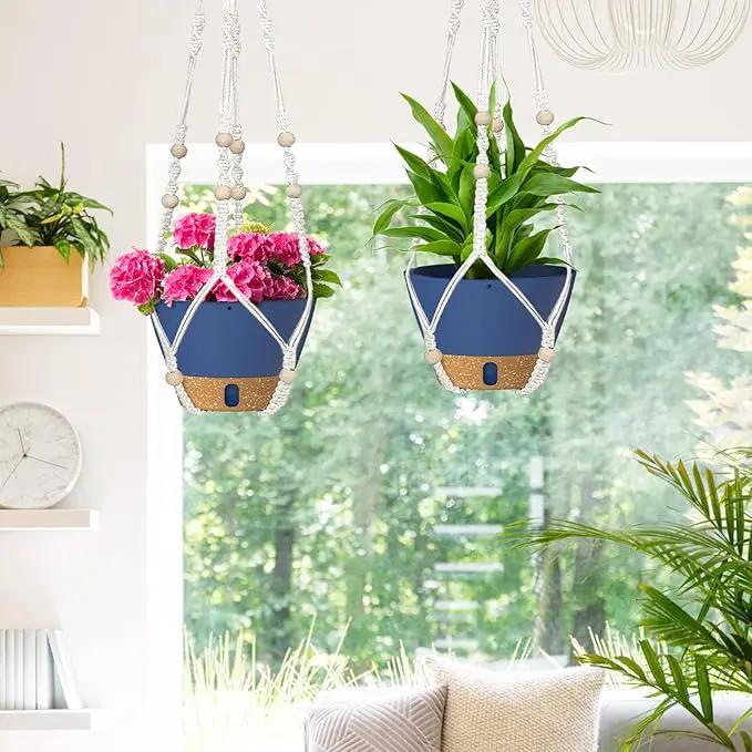 ZMTECH 2 Pack 8 Inch Blue Hanging Planters with Macrame Plant Hanger for Indoor and Outdoor Plants, Self Watering, Drainage Hole, Visible Level Tray by GreenHaven Gardens
