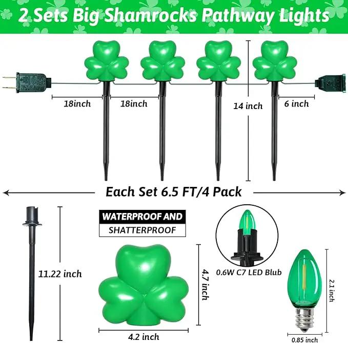 2 Sets 4 Pack St. Patricks Green Shamrock Pathway Lights Outdoor for St. Patricks Day Decorations, C7 LED Green Lucky Clover Garden Lights Waterproof, UL Certified for Lawn Yard Walkway Decor, Plug In by GreenHaven Gardens