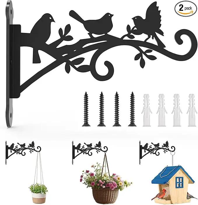 Metal Hanging Plant Bracket with Birdie Pattern 2 Pack – Heavy Duty Plant Hooks for Hanging Flower Baskets，Plants, Bird Feeder, Wind Chime - Indoor/Outdoor Use，Black Matte Texture (12 in) by GreenHaven Gardens