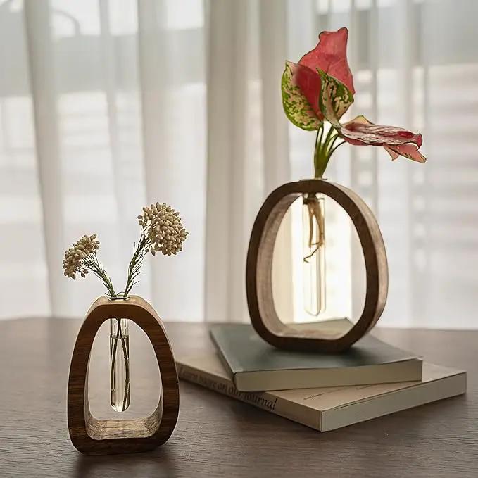 Modern Wooden Glass Test Tube Vase - Desk Plant Decor, Suitable for Home and Office Use by GreenHaven Gardens