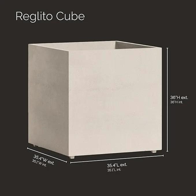 Reglito Cube Planter – Fiberglass Indoor/Outdoor and Weather-Resistant Large Planter (Sand Stone, 35.4" L x 35.4" W x 36" H) by GreenHaven Gardens