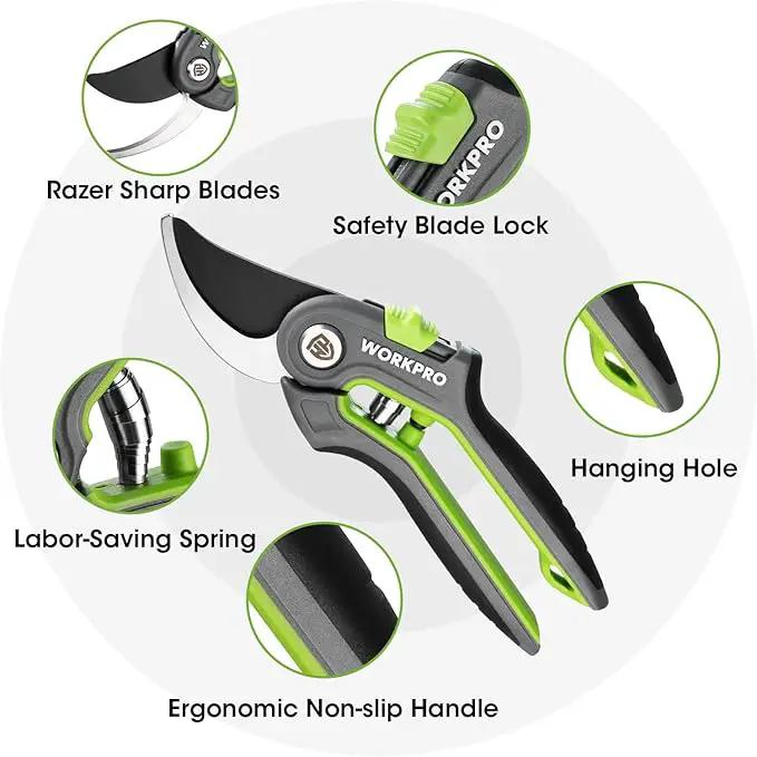 WORKPRO Garden Pruning Shears 2 Pack, 8" Bypass Pruning Shears and 6.25" Straight Garden Scissors, Premium Plant Shears, Garden Clippers Hand Tools for Cutting Flowers, Trimming Plants, Picking Fruits by GreenHaven Gardens