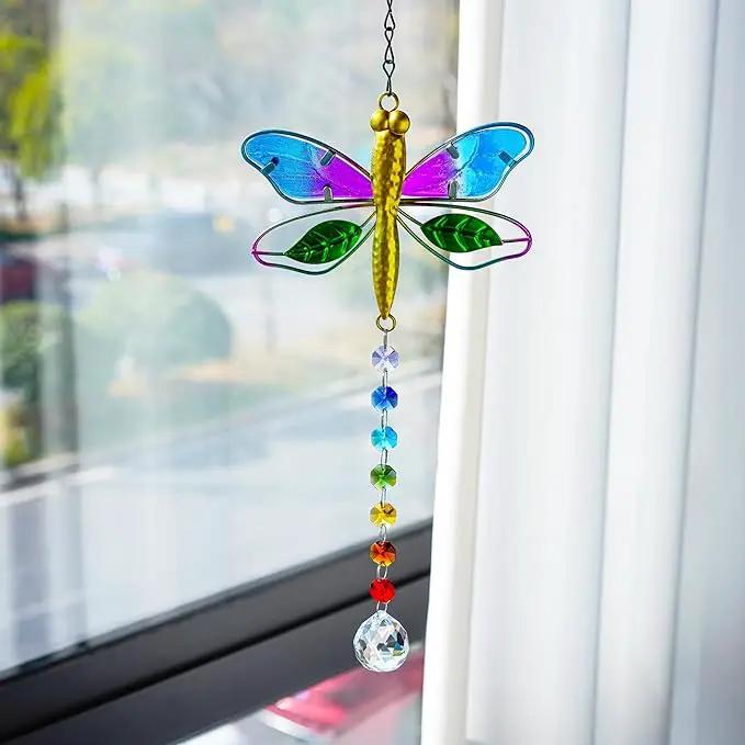 Dragonfly Decor Stained Glass Suncatcher for Windows Hanging Crystal Sun Catcher Prism Rainbow Maker Pendant by GreenHaven Gardens