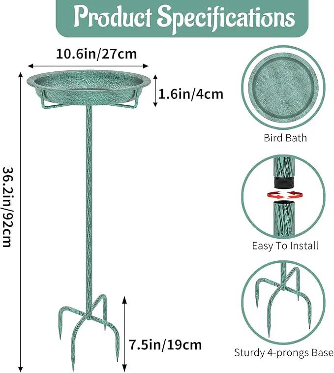 Metal Bird Bath for Outside, 36.2" Height Birdbath Bowl Standing Bird Feeders for Outdoors with 4 Prongs Base Stake, Freestanding Birdfeeders for Garden Yard Lawn Decor (Retro Green) by GreenHaven Gardens