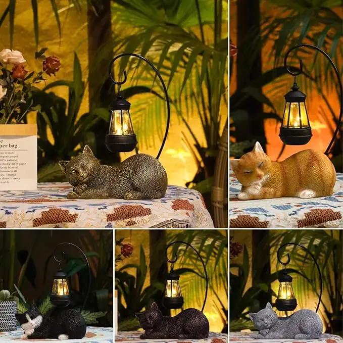 Cat Statue for Garden - 13' Sleeping Cat Figurines Solar Light Resin Garden Statues with Large Lantern Outdoor Waterproof Lawn Porch Ornament Decor, Gift for Mom by GreenHaven Gardens