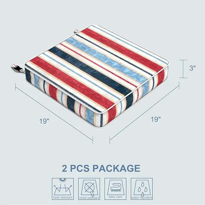 LVTXIII Patio Chair Cushions 19"x19"x3", Water-Repellent Outdoor Seat Cushions for Patio Furniture, Square Chair Pads with Ties for Home Garden Decoration, Set of 2, Stripe Red Blue by GreenHaven Gardens