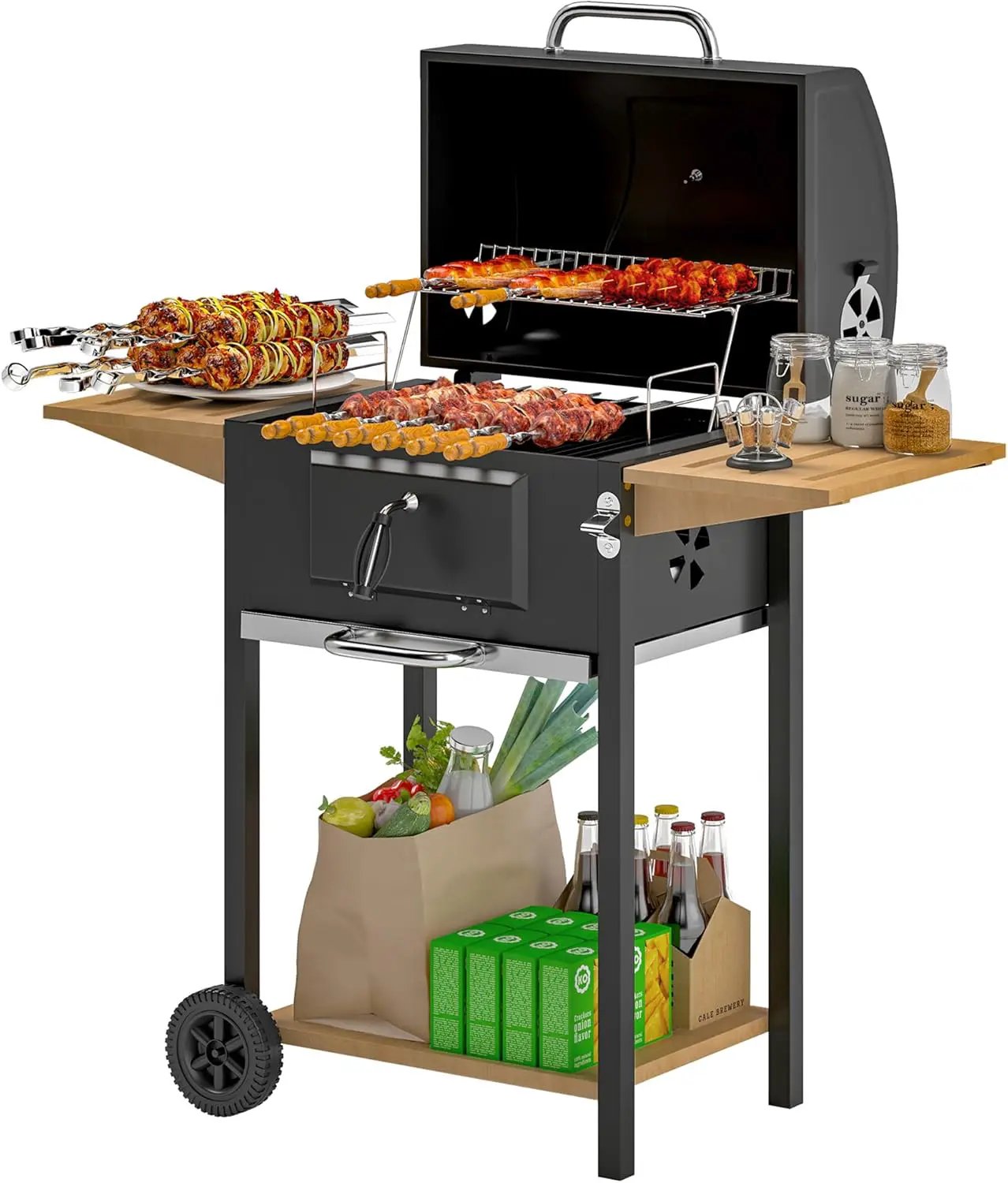 Outsunny Charcoal BBQ Grill with 245 sq. in. Cooking Area, Outdoor Barbecue Grill with Adjustable Charcoal Pan, 3 Shelves, Thermometer, Wheels for Patio, Backyard, Party, Picnic, Black by GreenHaven Gardens