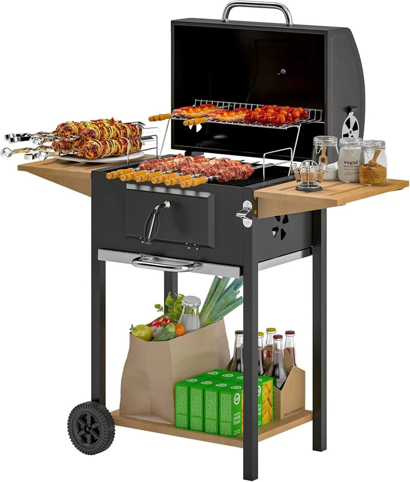 Outsunny Charcoal BBQ Grill with 245 sq. in. Cooking Area, Outdoor Barbecue Grill with Adjustable Charcoal Pan, 3 Shelves, Thermometer, Wheels for Patio, Backyard, Party, Picnic, Black by GreenHaven Gardens