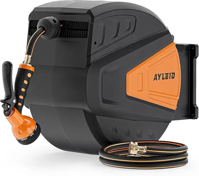 Ayleid Retractable Garden Hose Reel,5/8 in x 100 FT Wall Mounted Hose Reel, with 9- Function Sprayer Nozzle, Any Length Lock/Slow Return System/Wall Mounted/180°Swivel Bracket (Black) by GreenHaven Gardens