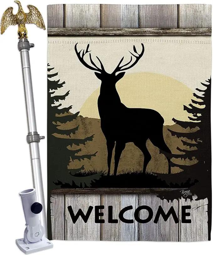 Welcome Deer House Flag Eagle Set Animals Wildlife Outdoor Bear Wolf Pet Nature Farm Animal Creature Small Decorative Gift Yard Banner Double-Sided Made In USA 28 X 40 by GreenHaven Gardens