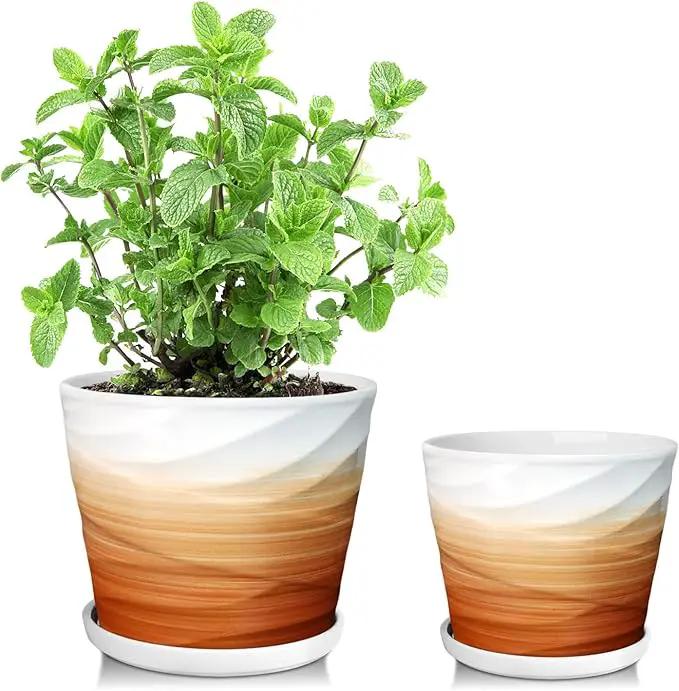 6.7 + 5.5 Inch Plant Pot, Ceramic Planter with Drainage and Saucer，Ceramic Pots for Plants, Indoor Plant pots，planters for Indoor Plants(Khaki + White) by GreenHaven Gardens