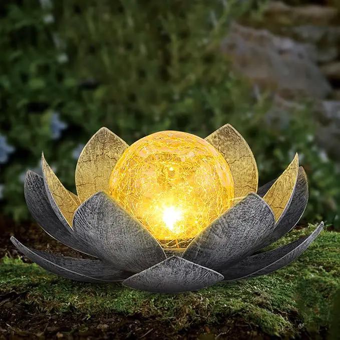 Garden Solar Light Outdoor(2Pack), Amber Crackle Globe Glass Lotus Decoration, Waterproof Gary Metal LED Flower Lights for Patio,Lawn,Walkway,Tabletop, Garden Gifts for Women by GreenHaven Gardens