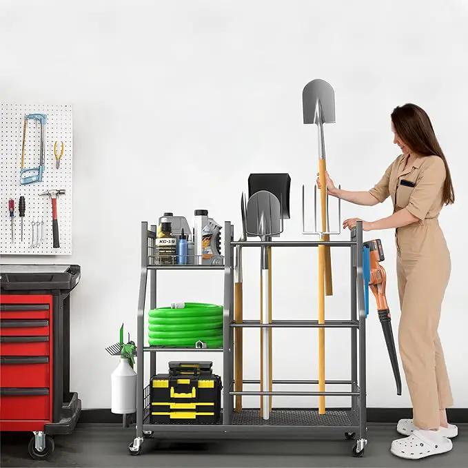 EVERHANGER Garden Tool Organizer Stand, Garage Tool Storage Organization, Yard Tool Racks with lockable wheels, Fit for Long-Handled Tools/Rakes/Brooms by GreenHaven Gardens