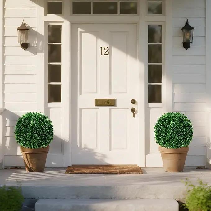 Artificial Boxwood Topiary Ball Tree Set of 2, UV Resistant Artificial Outdoor Shrubs with Spike, Decorative Evergreen Fake Topiary Bushes Plant for Front Porch Garden by GreenHaven Gardens