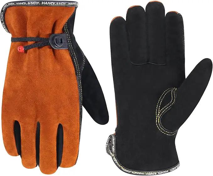 HLDD HANDLANDY Leather Work Gloves for Men & Women, Adjustable Wrist Cowhide Gardening Glove with Reinforced Palm for Driver by GreenHaven Gardens