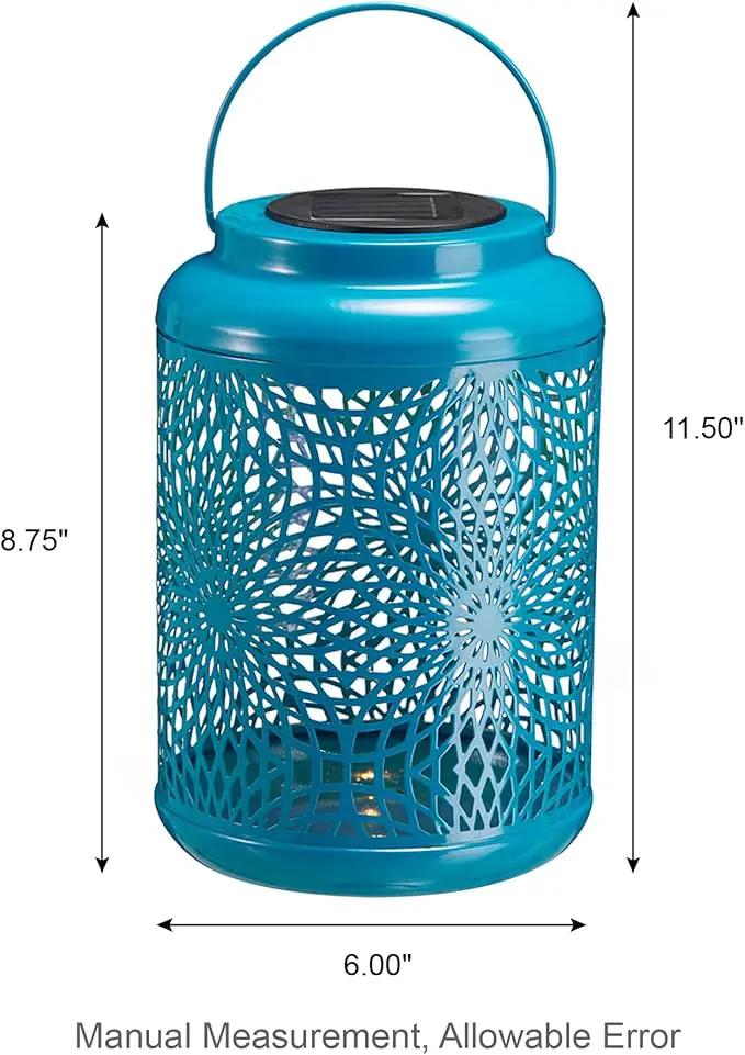 Glitzhome Solar Lantern Blue Metal Cutout Scrollwork Outdoor Hanging Solar Light with Handle for Garden Patio Yard Outdoor Decor by GreenHaven Gardens