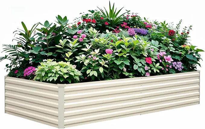 Raised Garden Bed 8×4×1.5FT, Galvanized Raised Garden Beds Outdoor for Vegetables Flowers Herbs, Large Deep Root Planter Box, Tall Raised Garden Bed with 3ftx30ft Weed Barrier Fabric, Beige by GreenHaven Gardens