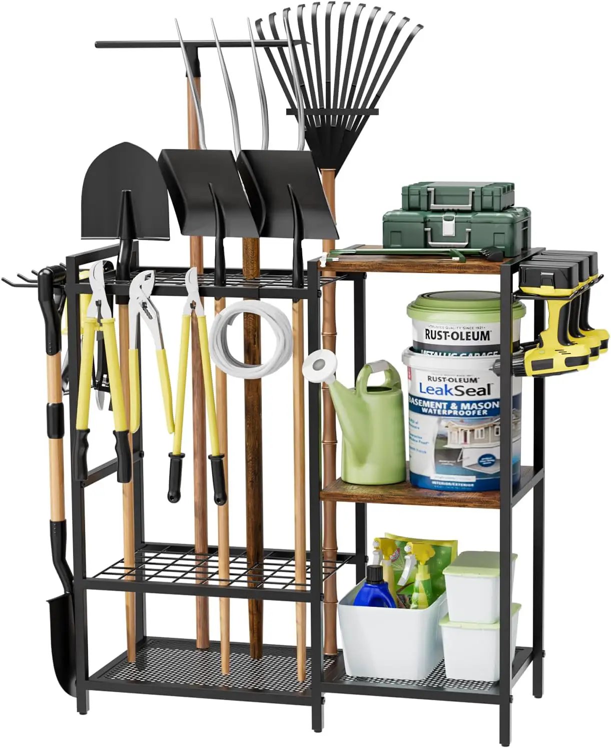 Garden Garage Tool Organizer - with 3-tier Shelves, Yard Tool Organizer for Garage with 4 Hooks, Heavy duty Steel Garden Tool Rack Holds up to 48 Long Handled Yard tools for Storage by GreenHaven Gardens