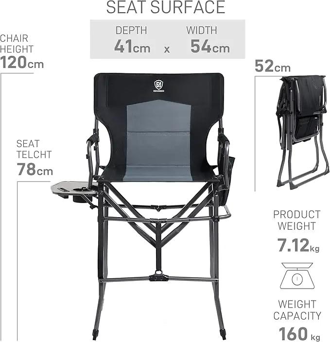 EVER ADVANCED Portable 30.7" Seat Height Tall Folding Camping Chair Directors Chair High Foldable Bar Stool with Side Table for Makeup Artist, Sports Event, Craft Show, Supports 350LBS Black Grey by GreenHaven Gardens