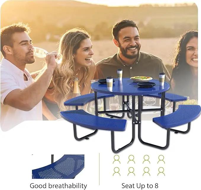46'' Steel Round Picnic Table for Outdoors, Expanded, Lifetime Picnic Table with Umbrella Hole, Heavy Duty Sturdy Commercial Picnic Tables for Garden Courtyard BBQ, Blue by GreenHaven Gardens