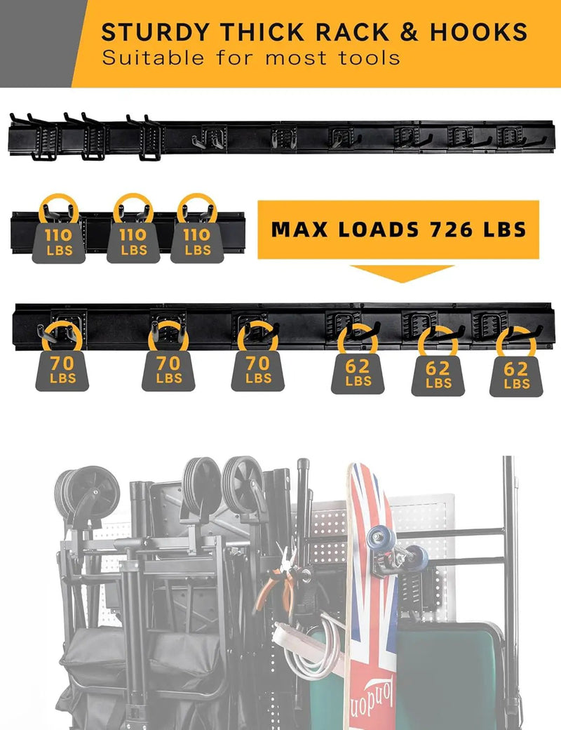 Wall Mount Garden Tool Organizer 68 Inches Max Load 730lbs Garage Storage, Garage Organization, Adjustable with 9 Heavy Duty Hooks and 4 Cable Ties, Yard Shed and Power Tool Organizer Rack by GreenHaven Gardens