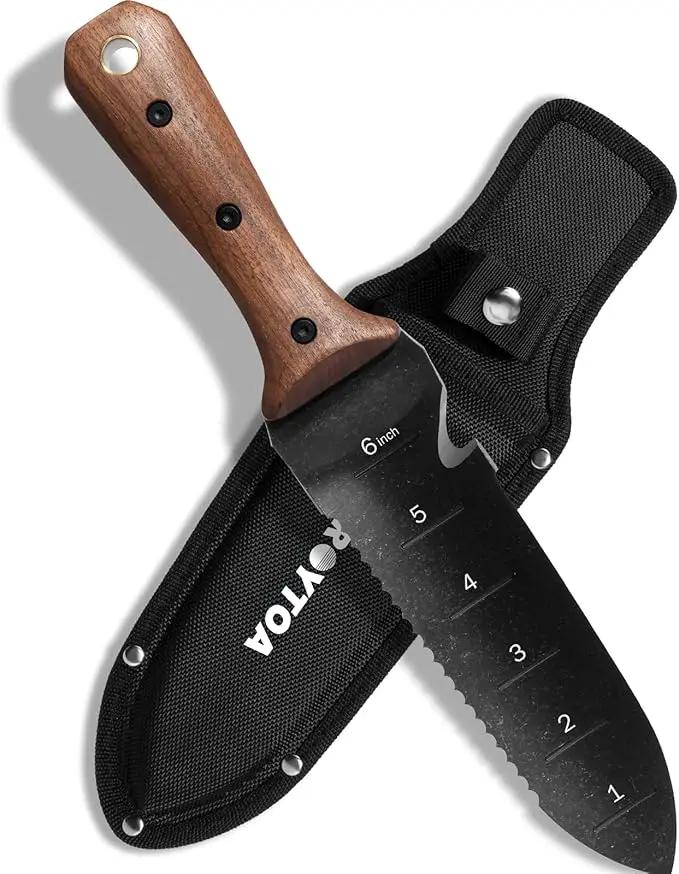 Hori Hori Garden Knife, Garden Tools with Sheath for Weeding,Planting,Digging, 7" Stainless Steel Blade with Cutting Edge, Full-Tang walnut Wood Handle with Hanging Hole by GreenHaven Gardens