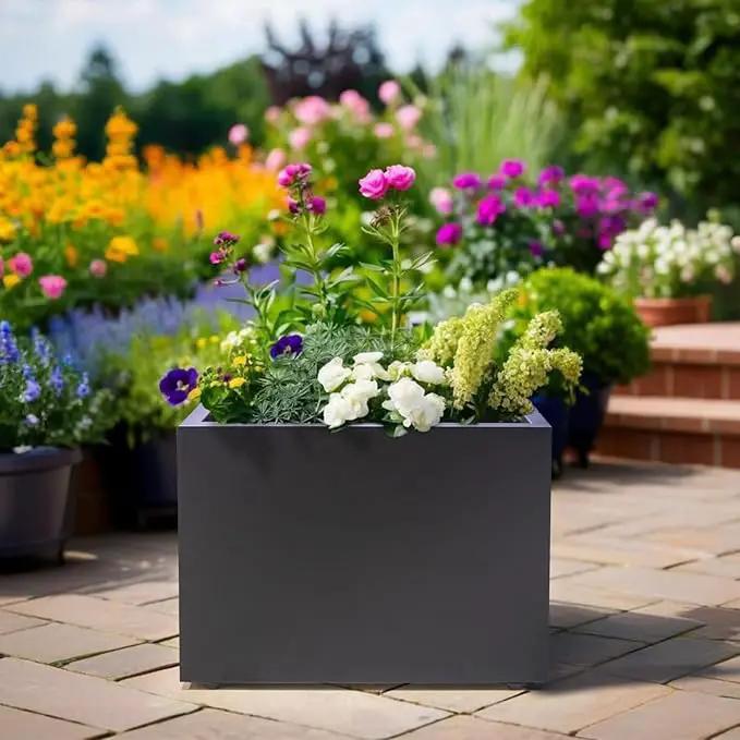Metal Planter Box Rectangular Block-No Installation Required Galvanized Steel Long Box Planter Modern Outdoor Planters All-Weather Use with Drainage Holes for Patio/Porch,16 ×12×12IN by GreenHaven Gardens