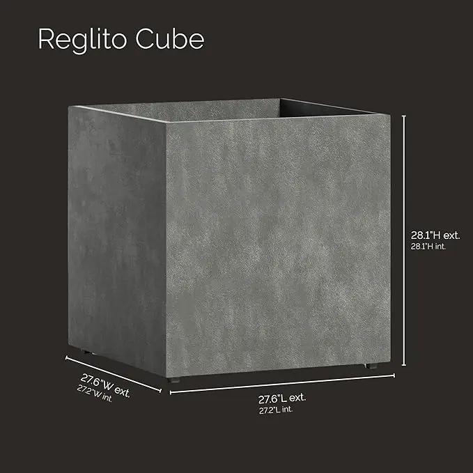 Reglito Cube Planter – Fiberglass Indoor/Outdoor and Weather-Resistant Large Planter (Grey Stone, 27.6" L x 27.6" W x 28.1" H) by GreenHaven Gardens